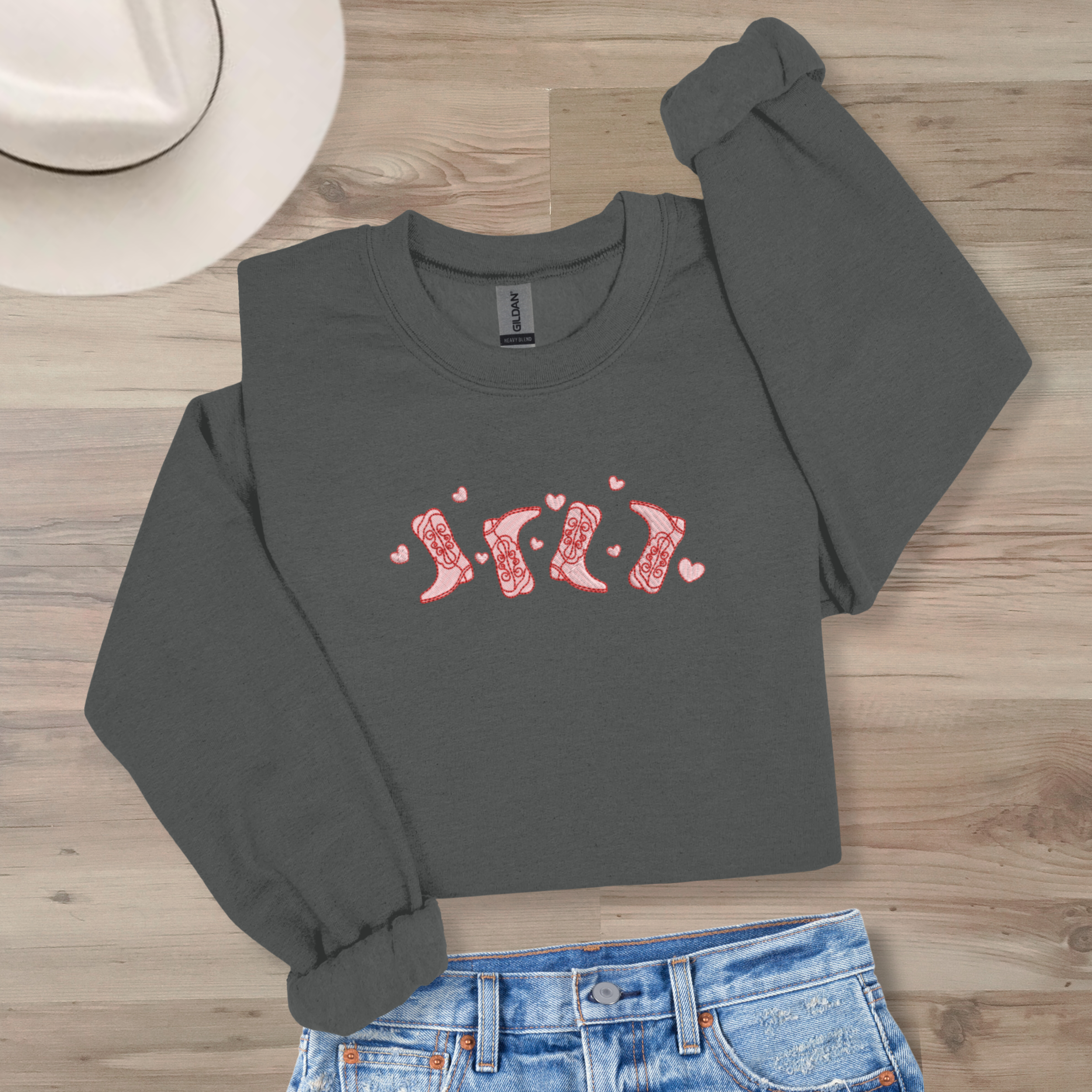 *EMBROIDERED* Valentine's Cowboy Boots Sweatshirt